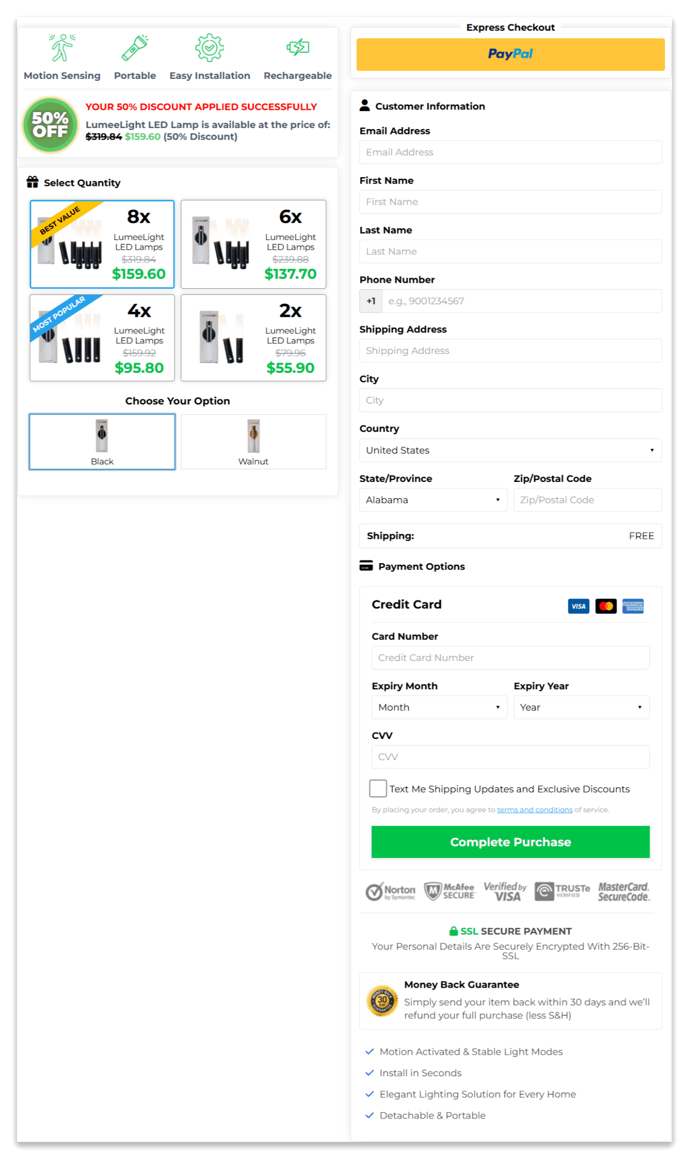 Lumee Light secure checkout page